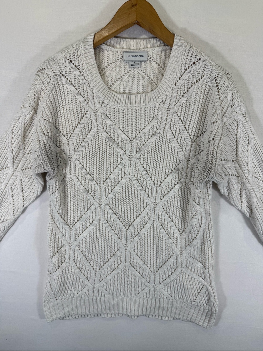 Liz Claiborne Cream Open-Weave Crewneck Sweater